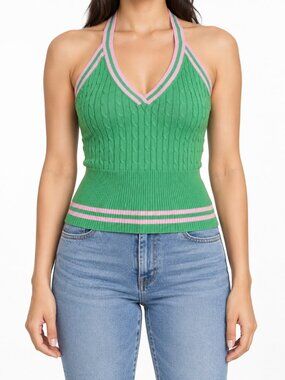 It’s Our Time Green & Pink Cable Knit Halter Top S
